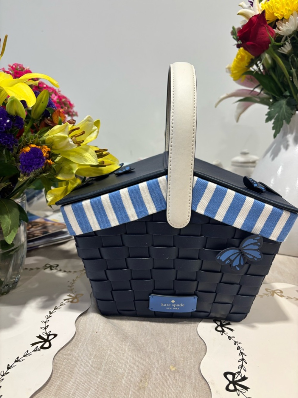 kate spade Navy Woven Picnic Basket Bag with Blue Stripes - Picture 3 of 12
